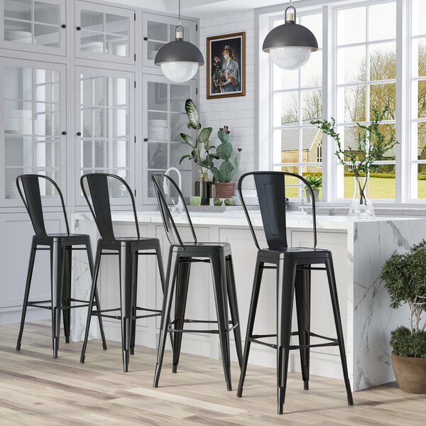 HOMCOM Sgabelli Impilabili in Metallo per Casa e Bar con Schienale Rimovibile e Poggiapiedi Design Industriale in Nero per Interni ed Esterni|Aosom