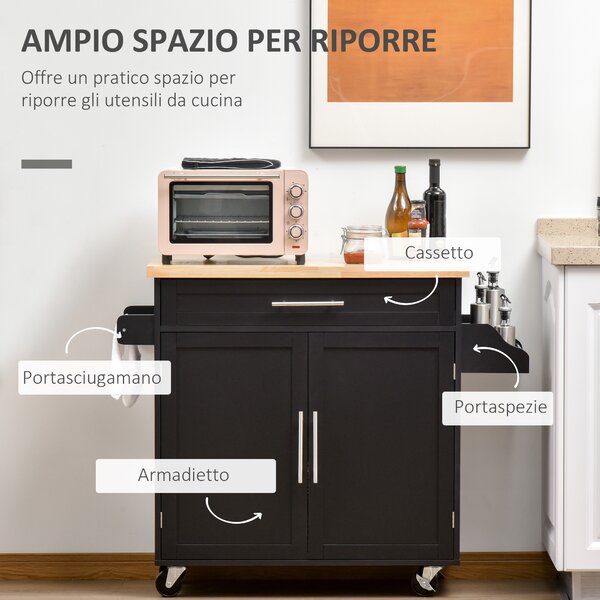 HOMCOM Carrello da Cucina con Cassetto, Portaspezie e Armadietto, 4 Ruote e Piano di Lavoro in Legno, 109x40x89cm, Nero|Aosom