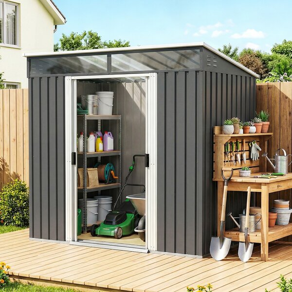 Outsunny Casetta da Giardino Porta Attrezzi con 4 Finestre e 2 Ganci, in Acciaio Zincato, 195x122x181.5 cm, Grigio