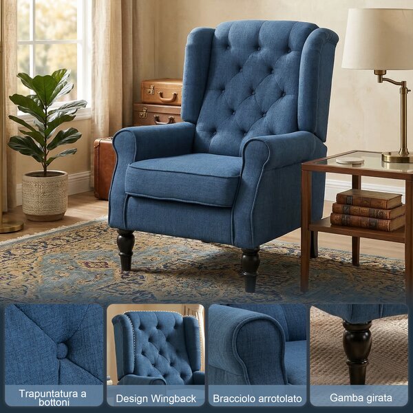 HOMCOM Poltrona per Salotto in Stile Francese con Seduta Imbottita e Cuscini, in Poliestere, 74x86x102 cm, Blu|Aosom