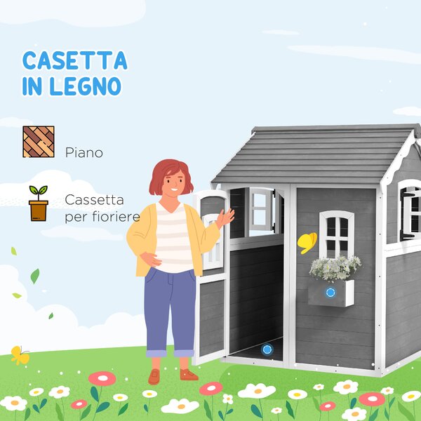 Outsunny Casetta per Bambini 3-8 Anni con 6 Finestre e Fioriera, in Legno di Abete, 104.5x110x137 cm, Grigia|Aosom