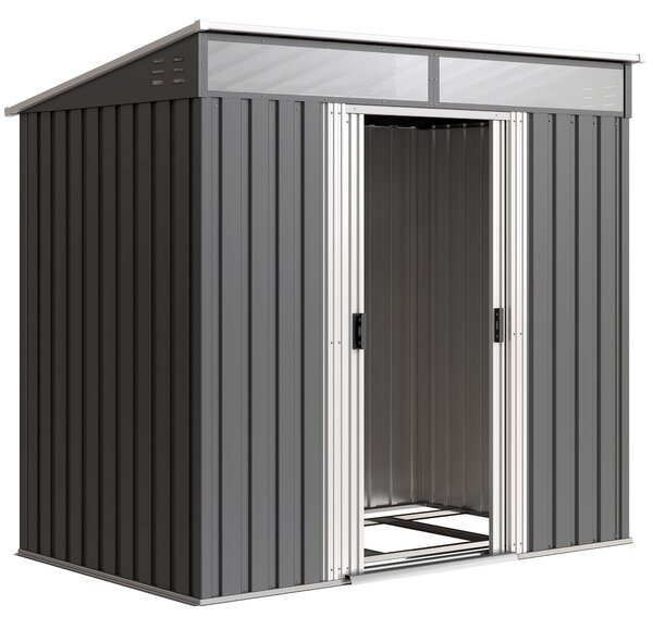 Outsunny Casetta da Giardino Porta Attrezzi con 4 Finestre e 2 Ganci, in Acciaio Zincato, 195x122x181.5 cm, Grigio