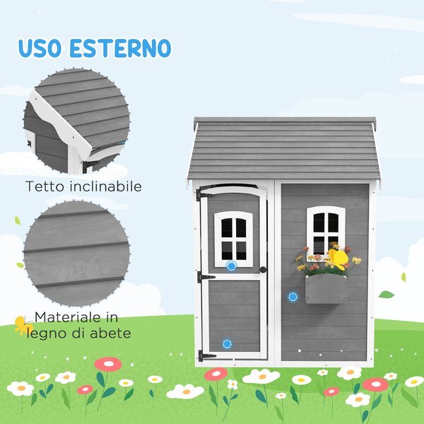 Outsunny Casetta per Bambini 3-8 Anni con 6 Finestre e Fioriera, in Legno di Abete, 104.5x110x137 cm, Grigia|Aosom