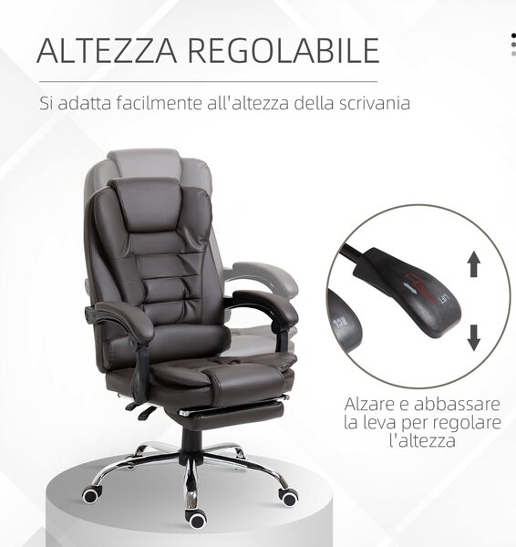 HOMCOM Poltrona da Ufficio Reclinabile in stile Presidenziale con Poggiapiedi, 64.5x69x109-117 cm, color Caffè