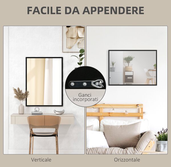 HOMCOM Specchio da Parete Rettangolare con Ganci, in Vetro e MDF, 60x80 cm, Nero|Aosom