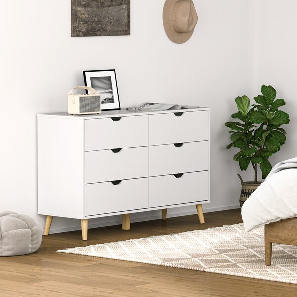 HOMCOM Cassettiera 6 Cassetti con Maniglie Laminate, in Legno di Pino, 120x40x76 cm, Bianca e color Legno|Aosom