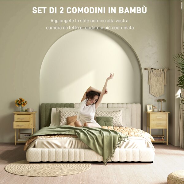 HOMCOM Set 2 Comodini in Bambù con 2 Cassetti e Ripiano Inferiore in stile Nordico, superficie verniciata, 40x34x60 cm| Aosom Italy
