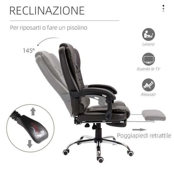 HOMCOM Poltrona da Ufficio Reclinabile in stile Presidenziale con Poggiapiedi, 64.5x69x109-117 cm, color Caffè