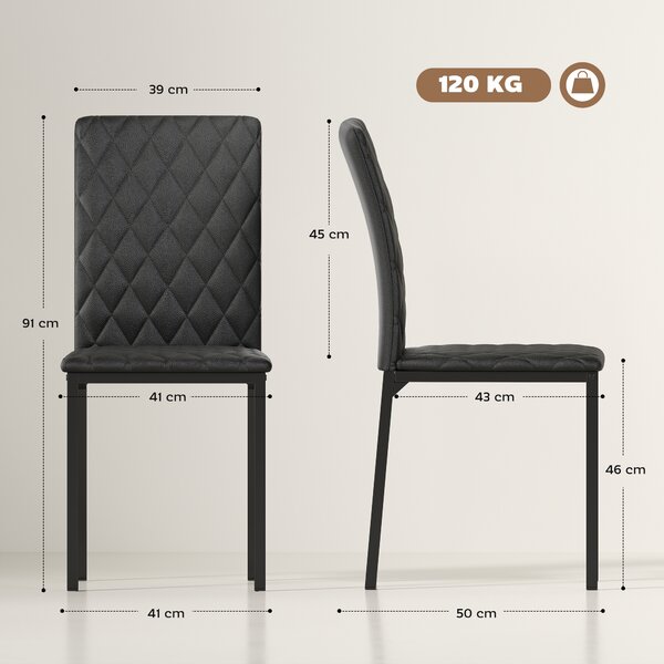 HOMCOM Set 4 Sedie moderno da Pranzo in Finta Pelle per Cucina e Soggiorno con Cuciture a Rombi e Gambe in Metallo, Nero|Aosom Italy