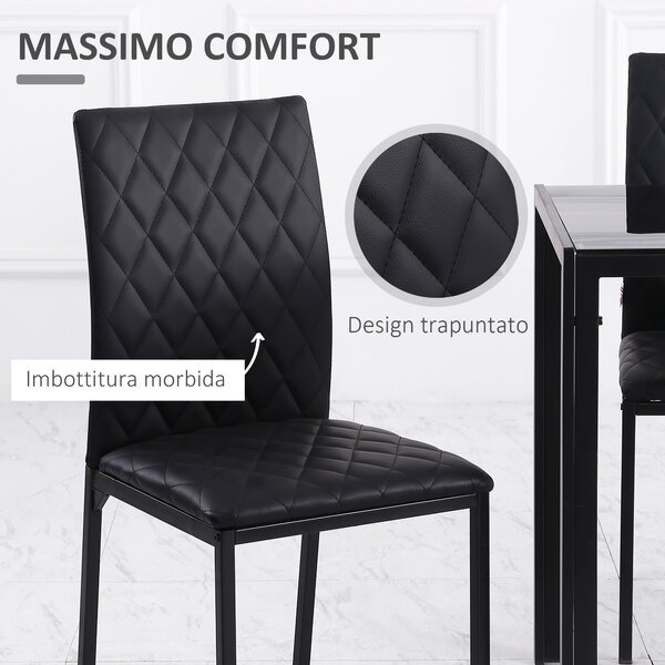 HOMCOM Set 4 Sedie moderno da Pranzo in Finta Pelle per Cucina e Soggiorno con Cuciture a Rombi e Gambe in Metallo, Nero|Aosom Italy