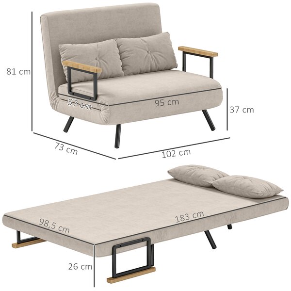 HOMCOM Divano Letto 3 in 1 in Tessuto Effetto Velluto con Schienale Regolabile e 2 Cuscini, 102x73x81 cm, Bianco Crema | Aosom Italy