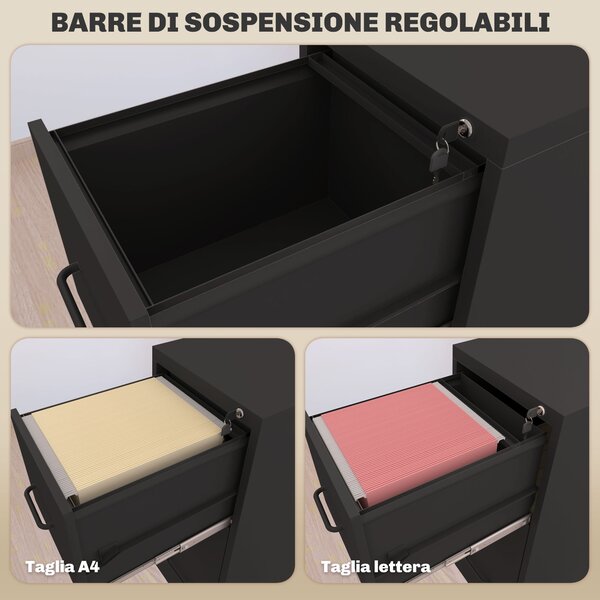 HOMCOM Schedario Portadocumenti Minimal a 3 Cassetti con Barra Regolabile, in Acciaio, 36.5x46.2x99 cm, Nero