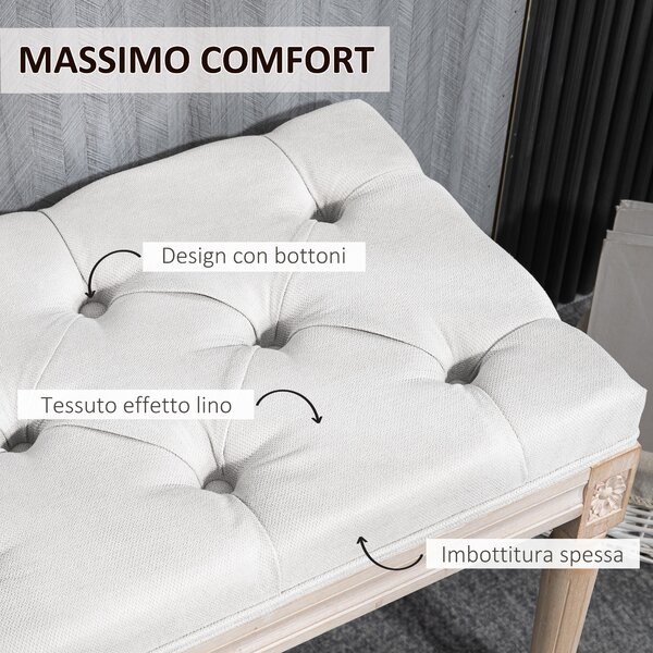 HOMCOM Panca Fondoletto Imbottita Stile Vintage in Tessuto e Gambe in Legno, 117x40x48 cm, Crema