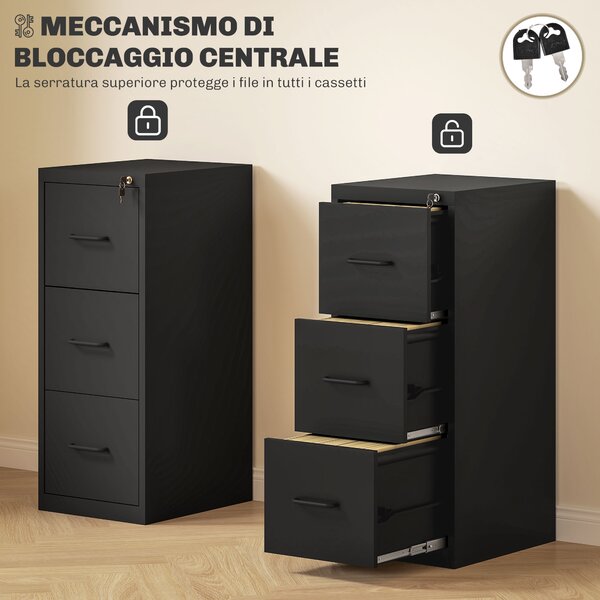 HOMCOM Schedario Portadocumenti Minimal a 3 Cassetti con Barra Regolabile, in Acciaio, 36.5x46.2x99 cm, Nero