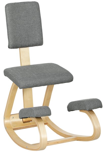 HOMCOM Sedia Inginocchiatoio con Movimento a Dondolo, in Tessuto Effetto Lino e Legno di Betulla, 51x84x93 cm, Grigio