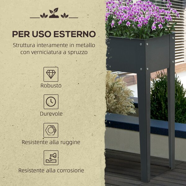 Outsunny Fioriera da Esterno Rialzata in Metallo con 3 Fori di Drenaggio, 100x30x80 cm, Grigio|Aosom