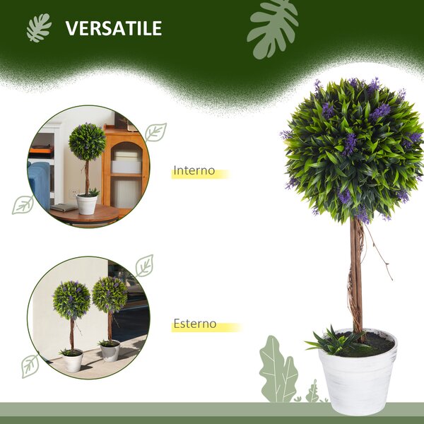 HOMCOM Set 2 Piante Artificiali Verdi a Sfera con Fiori di Lavanda e Vaso con Muschio e Cemento, Ø24x60 cm