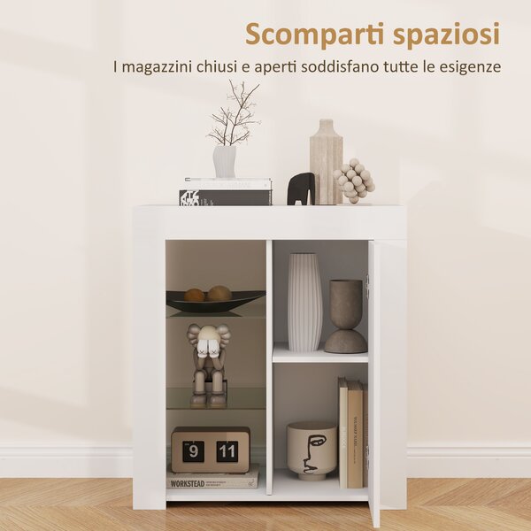 HOMCOM Mobile Contenitore a LED con 3 Ripiani Aperti e Armadietto a 2 Livelli, in Legno e Vetro, 75x40.1x83 cm, Bianco