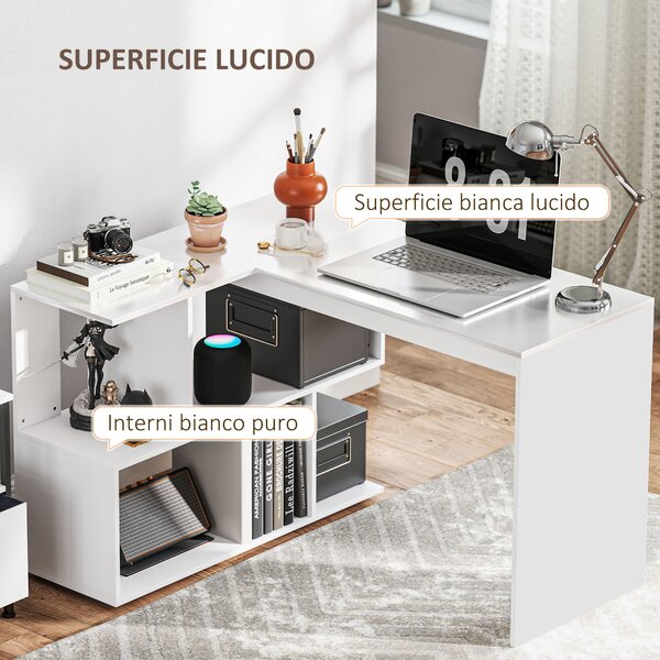 HOMCOM Scrivania Angolare Moderna per Ufficio con 4 Ripiani in Legno Bianco, 120x100x77 cm