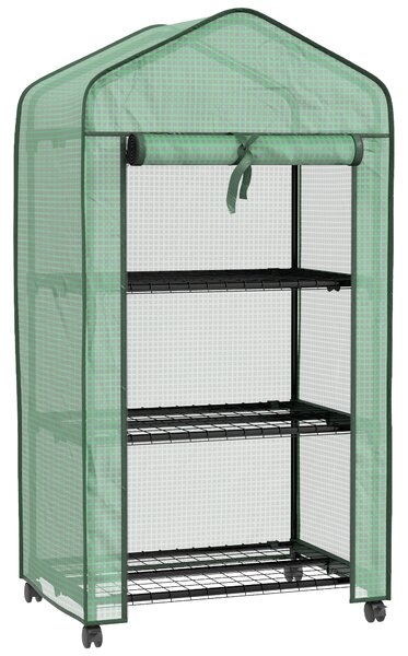 Outsunny Mini Serra da Giardino con Copertura in PE, 3 Ripiani e Ruote, 69x49x130cm, Verde|Aosom