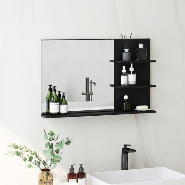 Kleankin Specchio Bagno Moderno con 2 Ripiani Laterali e Ripiano Inferiore, in Legno e Vetro, 75x10x48 cm, Nero | Aosom Italy