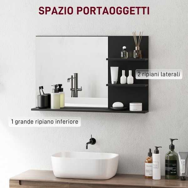 Kleankin Specchio Bagno Moderno con 2 Ripiani Laterali e Ripiano Inferiore, in Legno e Vetro, 75x10x48 cm, Nero | Aosom Italy