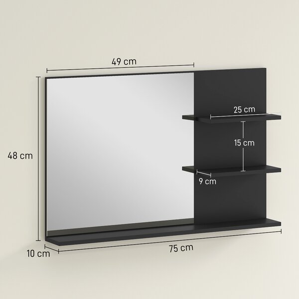 Kleankin Specchio Bagno Moderno con 2 Ripiani Laterali e Ripiano Inferiore, in Legno e Vetro, 75x10x48 cm, Nero | Aosom Italy