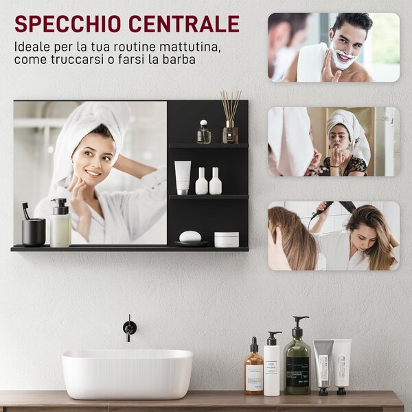 Kleankin Specchio Bagno Moderno con 2 Ripiani Laterali e Ripiano Inferiore, in Legno e Vetro, 75x10x48 cm, Nero | Aosom Italy