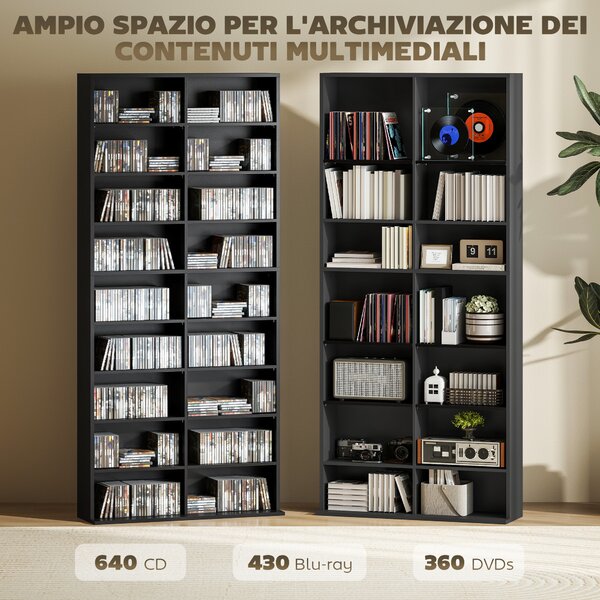 HOMCOM Scaffale Porta CD con 14 Ripiani Regolabili, Capacità di 640 CD/360 DVD, 78.5x24x175 cm, Nero