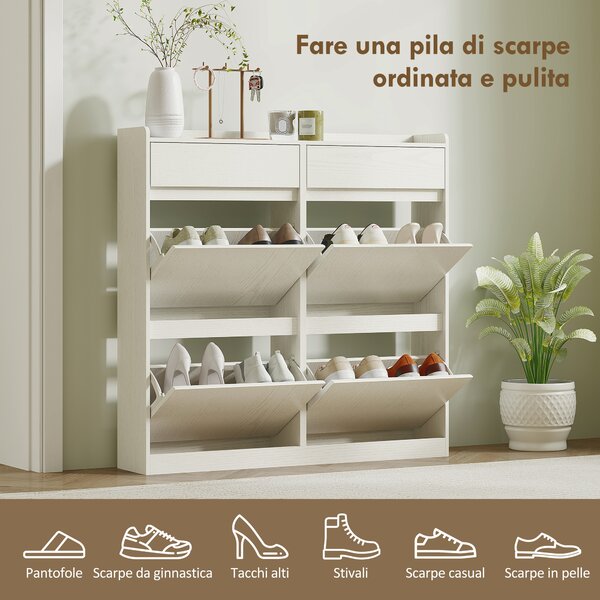 HOMCOM Scarpiera Slim in Legno con 4 Cassetti a Ribalta e 2 Cassetti Scorrevoli, 98x19.2x95.3 cm, Bianco | Aosom Italy