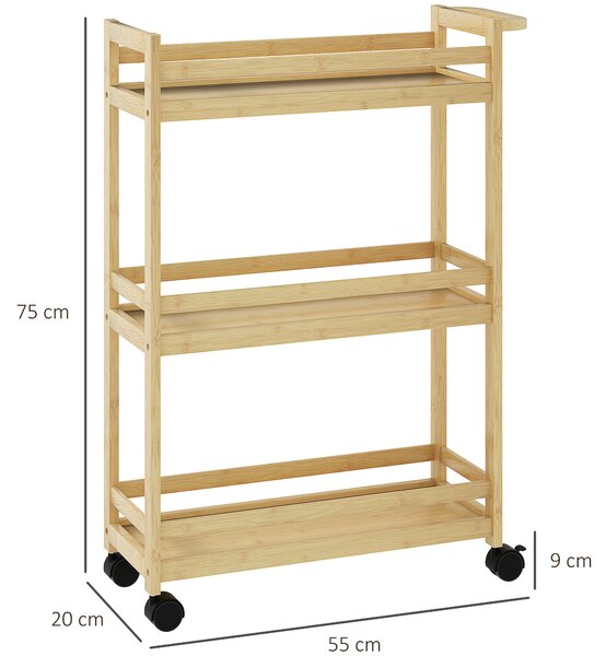 HOMCOM Carrello Portaoggetti Salvaspazio con Ruote a Freno e Maniglia, 55x20x75 cm, Naturale | Aosom Italy