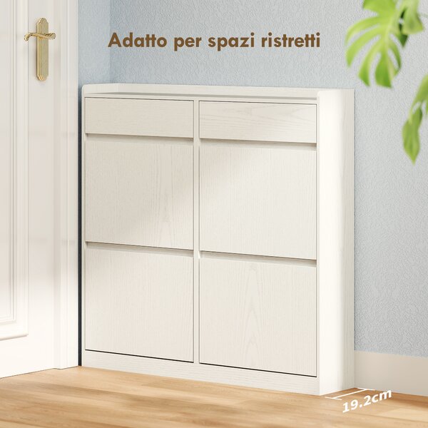 HOMCOM Scarpiera Slim in Legno con 4 Cassetti a Ribalta e 2 Cassetti Scorrevoli, 98x19.2x95.3 cm, Bianco | Aosom Italy