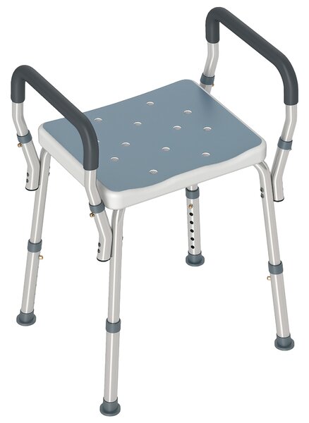 HOMCOM Sgabello per Doccia Regolabile con Braccioli e Fori di Drenaggio, in Alluminio, HDPE e EVA, 52x45x57-69 cm | Aosom Italy