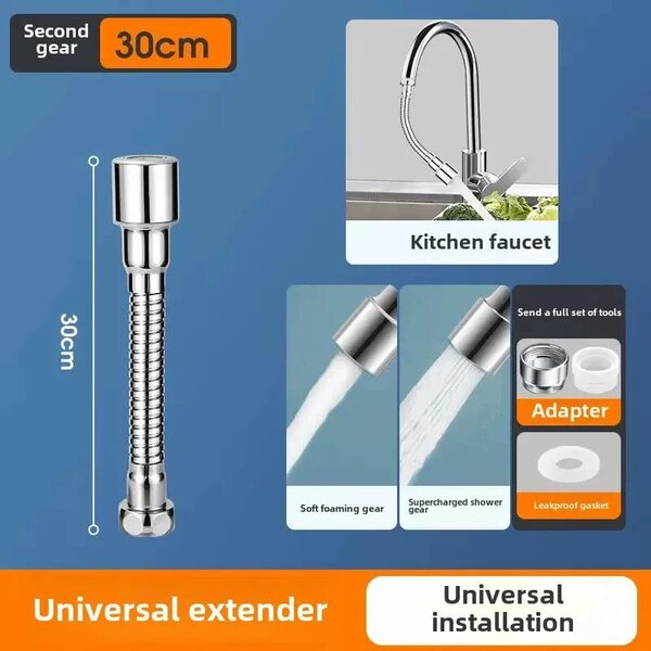 Ugello spray per rubinetto da cucina - Aeratore per rubinetto - 2 modalità - Rotazione a 360° - Antischizzo - 30 cm - Argento - Acciaio inossidabile/ABS