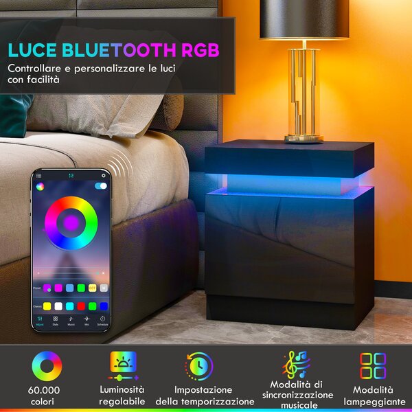 HOMCOM Comodino LED a 16 Colori e 4 Modalità con 2 Cassetti, in Legno, 45x35x52 cm, Nero | Aosom Italy