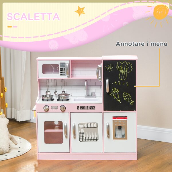 AIYAPLAY Cucina Giocattolo in Legno per Bambini 3-8 Anni con Fornelli, Microonde, Lavandino, e Accessori, Rosa | Aosom Italy