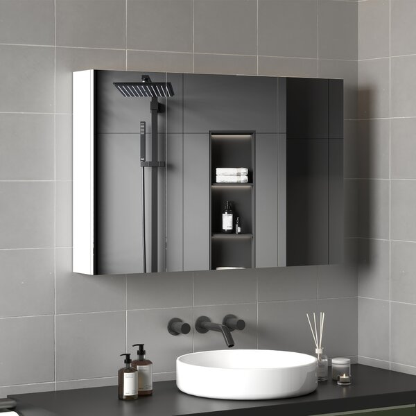 Kleankin Armadietto Pensile Bagno con 3 Ante a Specchio e Ripiani Regolabili in Legno 90x13.5x60 cm, Bianco | Aosom Italy