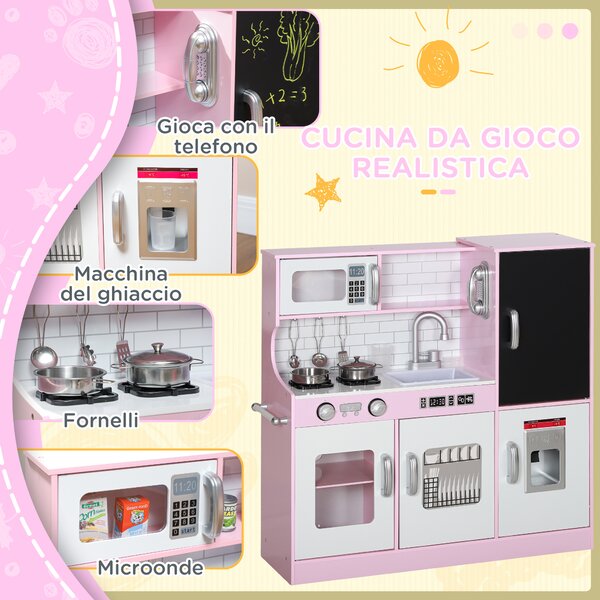 AIYAPLAY Cucina Giocattolo in Legno per Bambini 3-8 Anni con Fornelli, Microonde, Lavandino, e Accessori, Rosa | Aosom Italy