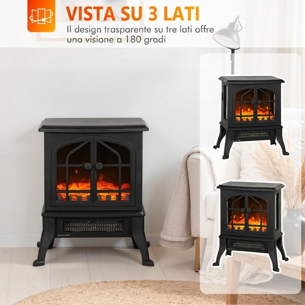 HOMCOM Camino Elettrico da Terra 900/1800W Vista su Tre Lati, Fiamma 3D e Termostato Regolabile 10-35°C, 30㎡, Nero | Aosom Italy