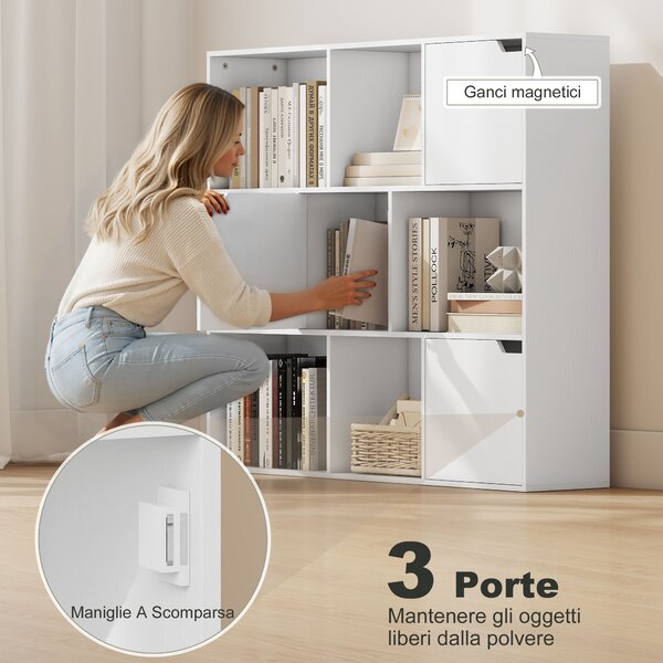 HOMCOM Libreria a Cubi con 6 Sezioni Aperte e 3 Chiuse, in Legno Bianco, 106x24x95 cm | Aosom Italy