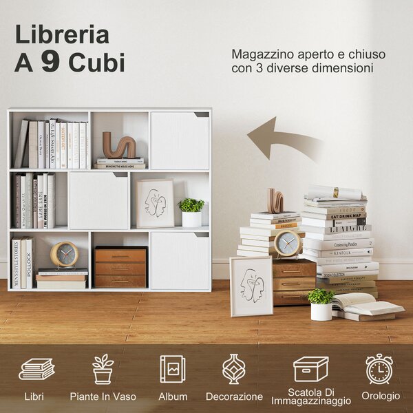 HOMCOM Libreria a Cubi con 6 Sezioni Aperte e 3 Chiuse, in Legno Bianco, 106x24x95 cm | Aosom Italy