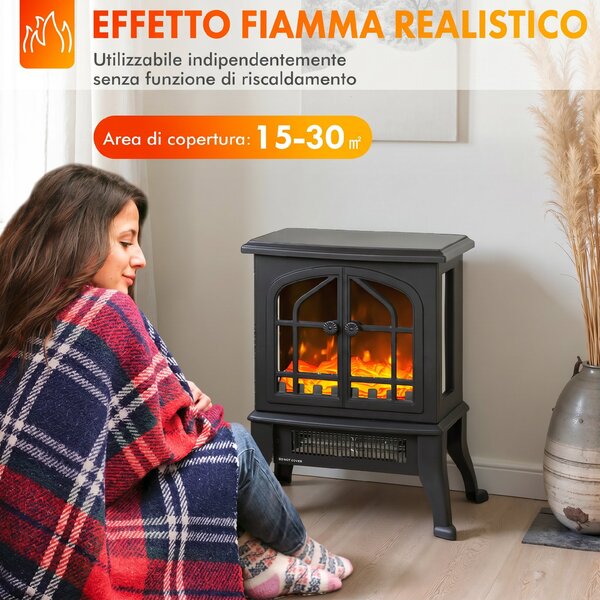 HOMCOM Camino Elettrico da Terra 900/1800W Vista su Tre Lati, Fiamma 3D e Termostato Regolabile 10-35°C, 30㎡, Nero | Aosom Italy