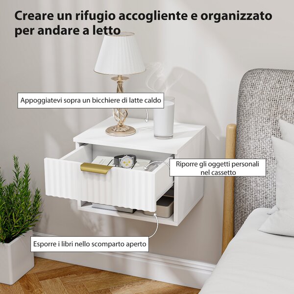 HOMCOM Set di 2 Comodini Sospesi con Pannelli Scanalati, Cassetto e Ripiano, 40x34x29 cm, Bianco | Aosom Italy