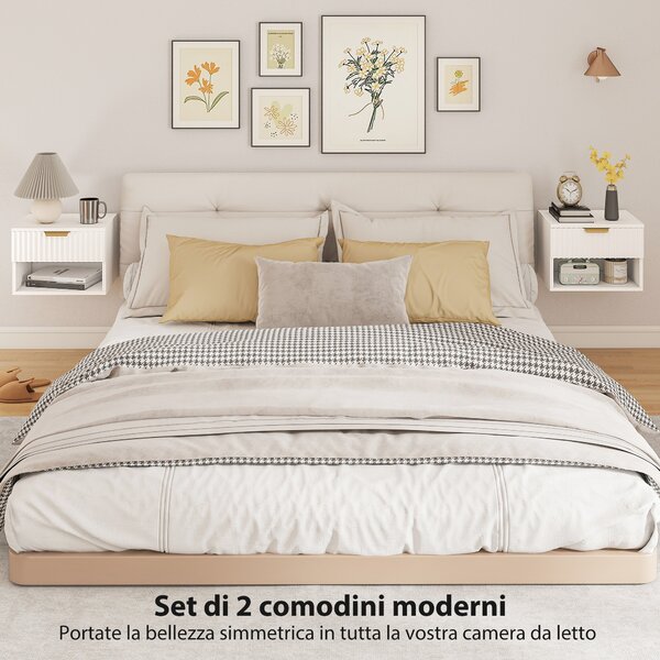 HOMCOM Set di 2 Comodini Sospesi con Pannelli Scanalati, Cassetto e Ripiano, 40x34x29 cm, Bianco | Aosom Italy
