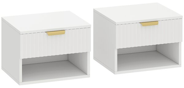 HOMCOM Set di 2 Comodini Sospesi con Pannelli Scanalati, Cassetto e Ripiano, 40x34x29 cm, Bianco | Aosom Italy