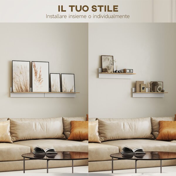 HOMCOM Set 2 Mensole da Parete per Casa e Ufficio in Legno, 80x16.5x20 cm, Bianco e color Legno | Aosom Italy