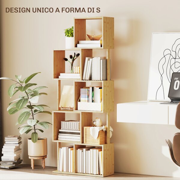 HOMCOM Libreria Moderna Asimmetrica a 5 Livelli in Bambù, 62.5 x 23 x 165 cm, Colore Legno Naturale | Aosom Italy