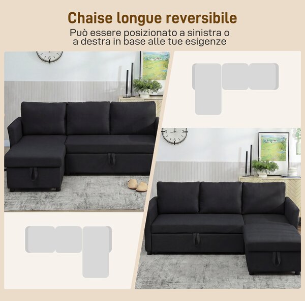 HOMCOM Divano Letto Angolare Effetto Lino con Vano Portaoggetti a Scomparsa, 192x148x86 cm, Grigio Antracite | Aosom Italy