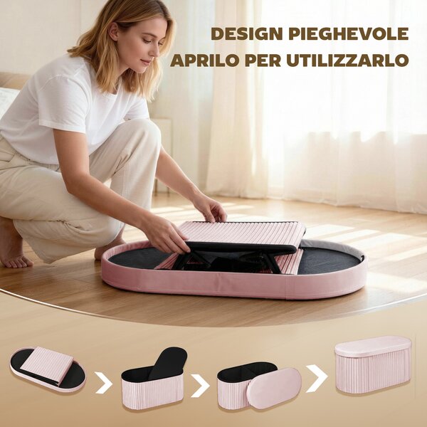 HOMCOM Pouf Contenitore Pieghevole con Vano da 72L e Rivestimento in Velluto, 76x38x35 cm, Rosa | Aosom Italy