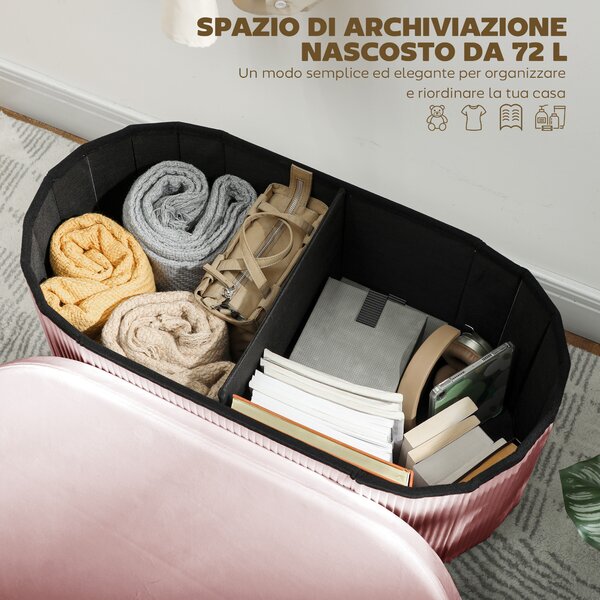 HOMCOM Pouf Contenitore Pieghevole con Vano da 72L e Rivestimento in Velluto, 76x38x35 cm, Rosa | Aosom Italy